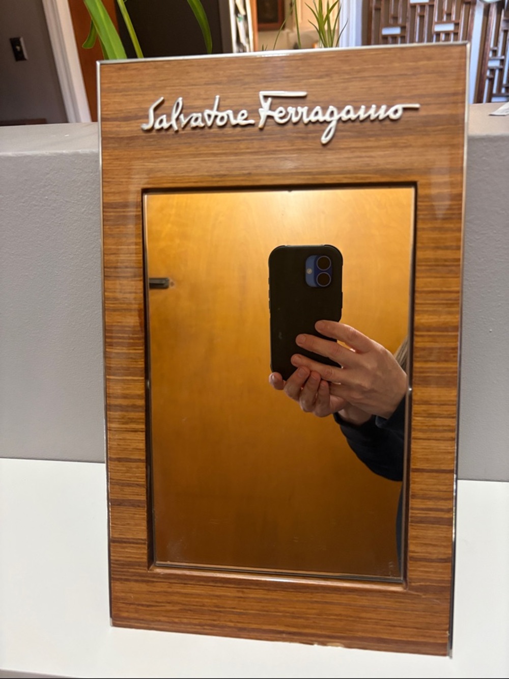 Salvatore Ferragamo Brown Wood Tabletop Mirror with Script Logo